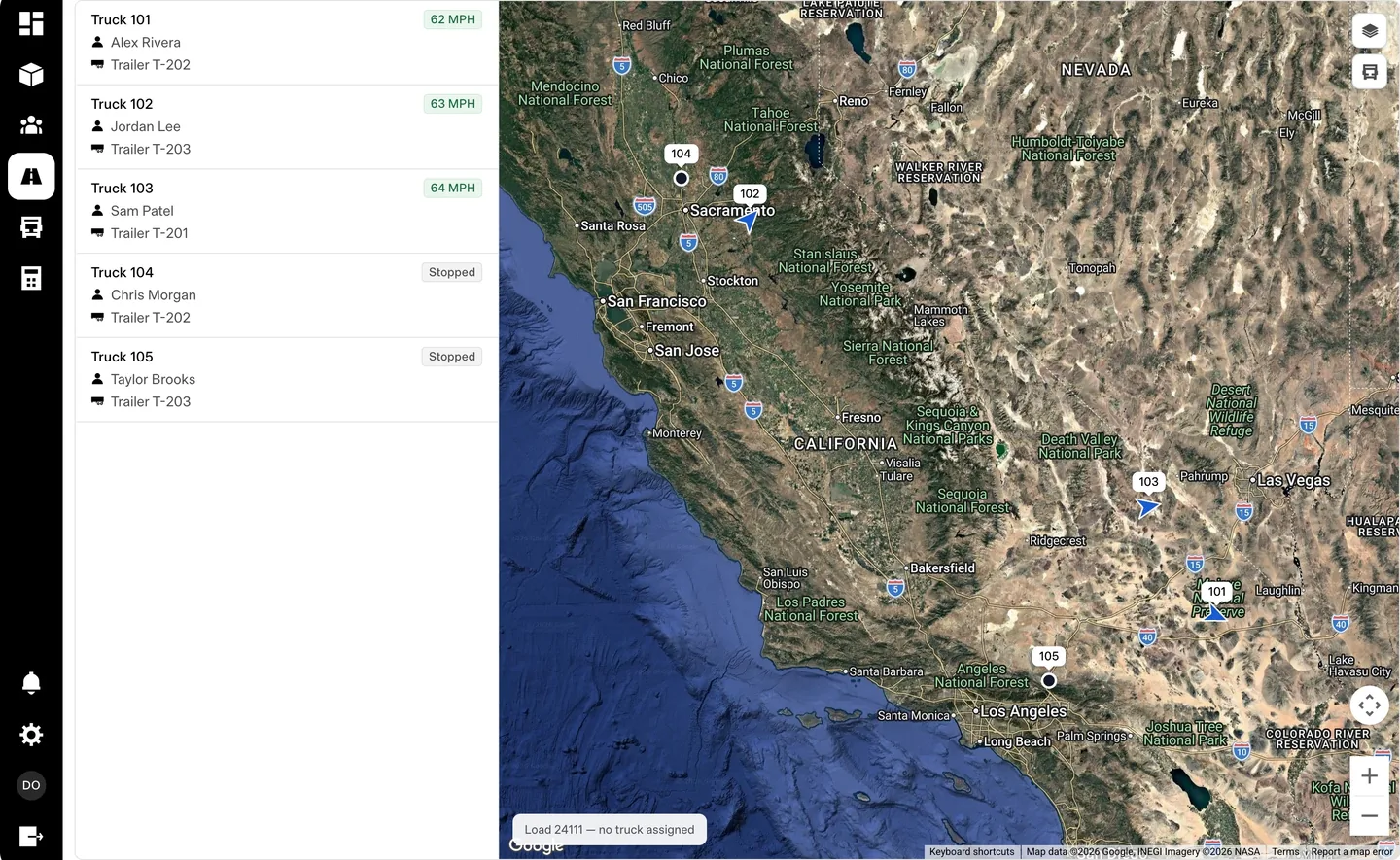 The Xaro fleet map, with trucks and their drivers listed beside it